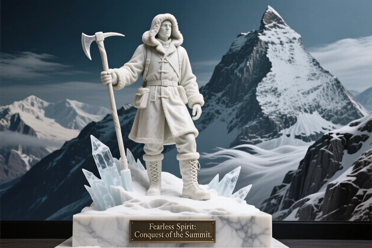 A vivid, emotionally rich scene of a fearless explorer atop a snowy peak, framed by dramatic natural scenery, designed to captivate and inspire
