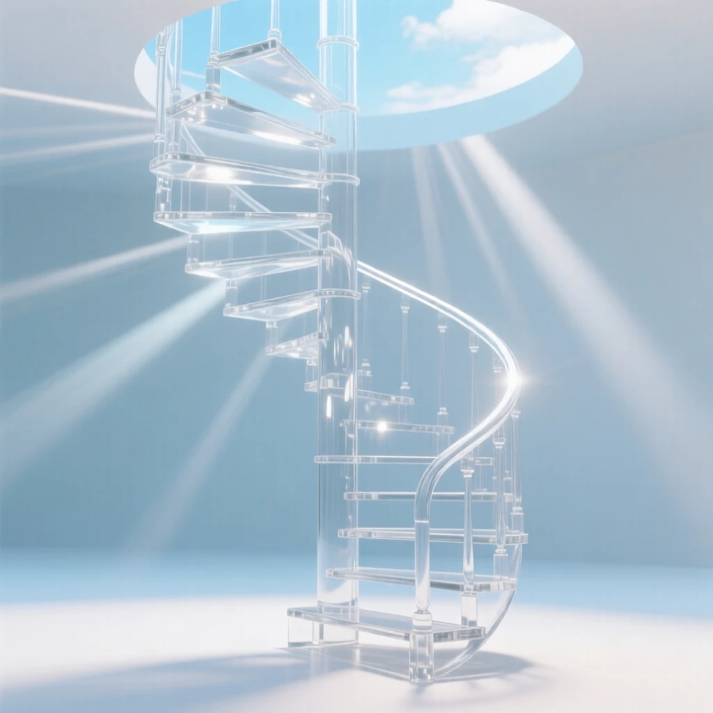 A spiral staircase ascending endlessly into a bright open sky, with soft rays of light stretching outward in every direction