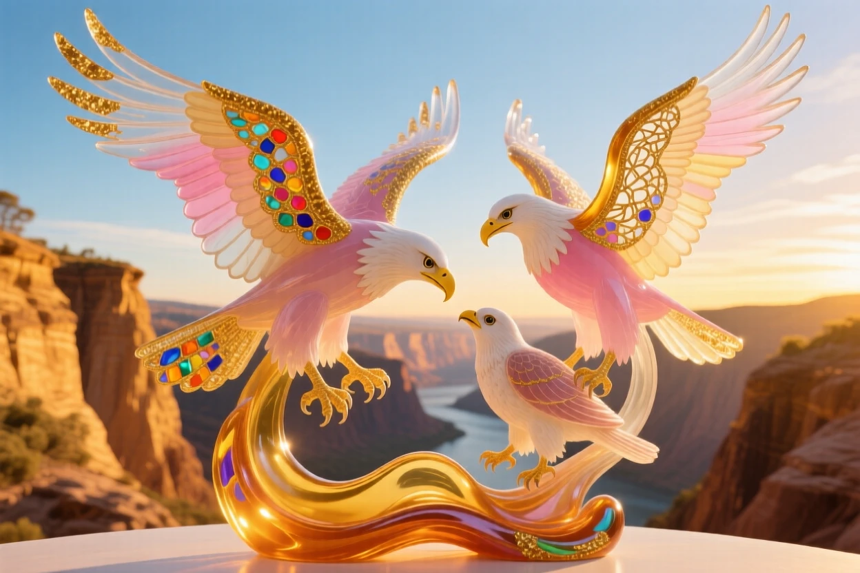 A mother eagle teaching her eaglet to soar above the goldenest canyon at first light, tender and inspiring.