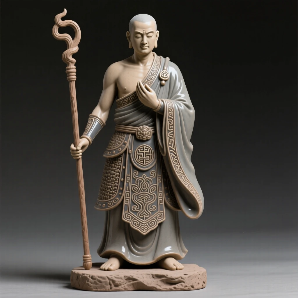 A warrior monk in quiet contemplation standing in a commanding, timeless pose, adorned with intricate traditional patterns, radiating dignity, honor, and cultural pride.