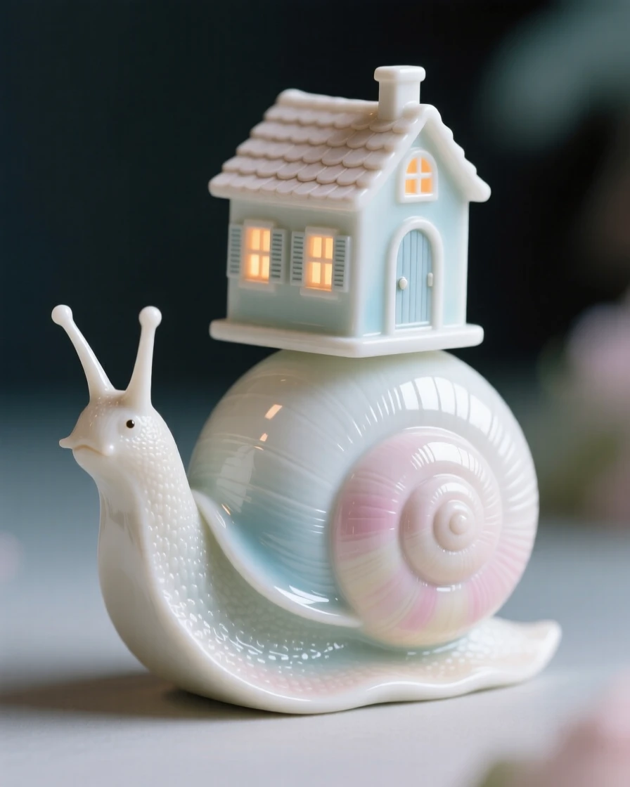 A dreamlike scene of a snail carrying a tiny glowing cottage on its shell, balanced between the familiar and the fantastical.
