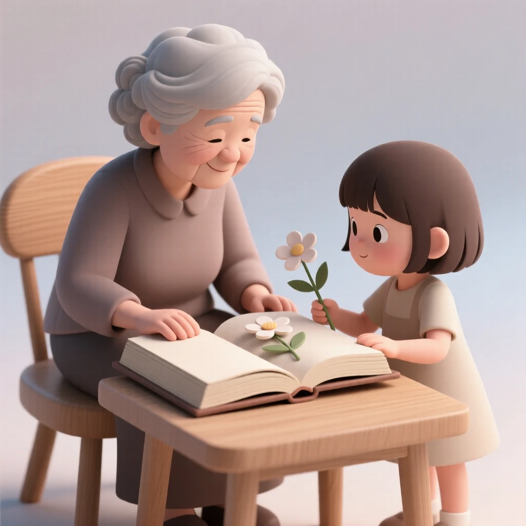 A gentle grandmother teaches her granddaughter to press flowers between the pages of a heavy old book.