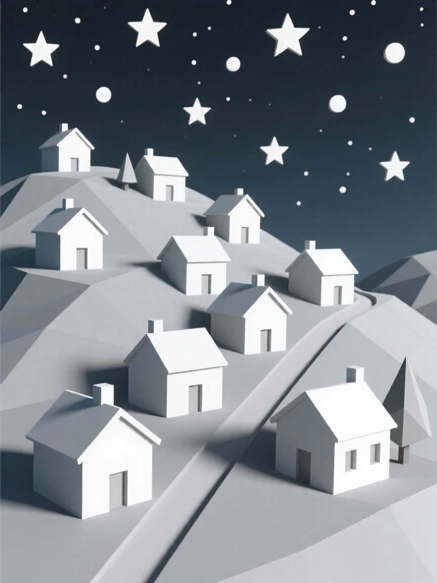 A hidden hillside village of whitewashed houses, beneath a sky full of stars. the framing draws the eye along a natural leading line. The scene feels timeless and charming.