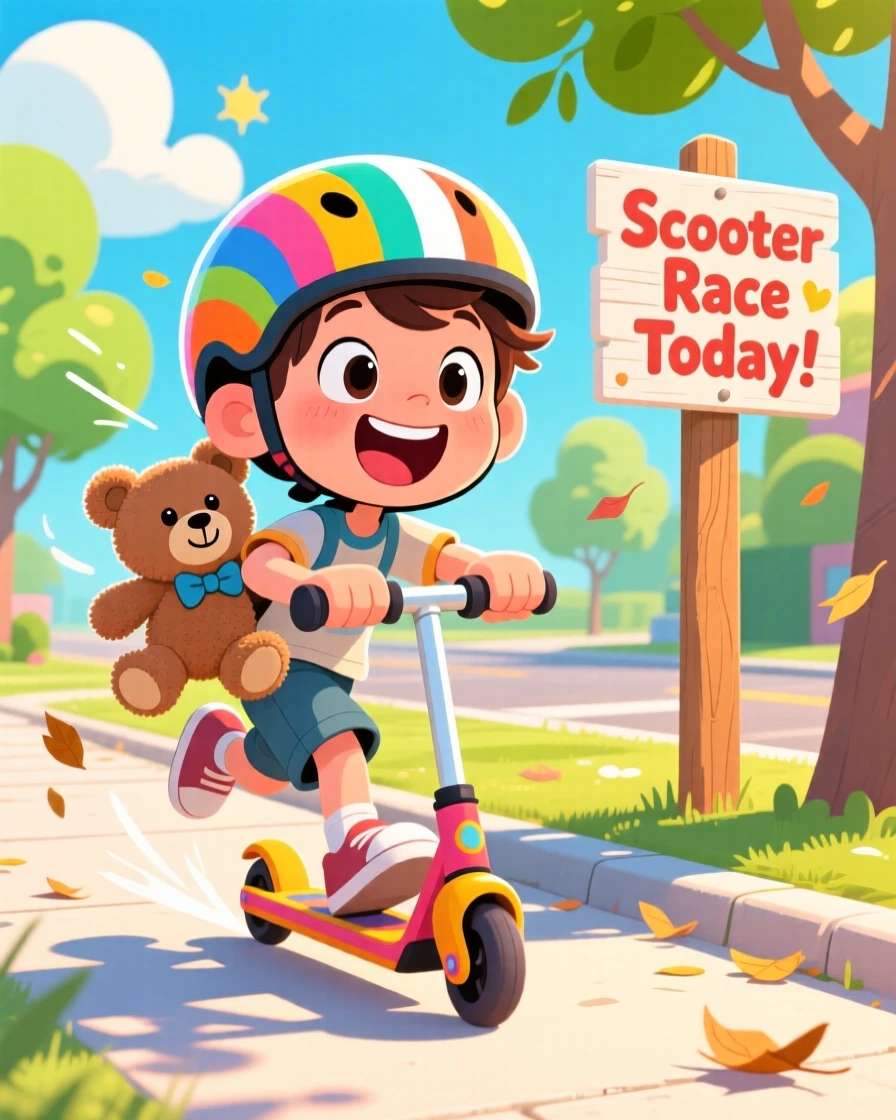 A playful childhood moment of a little boy racing scooters down a sunny sidewalk, with a favorite stuffed animal close at hand.