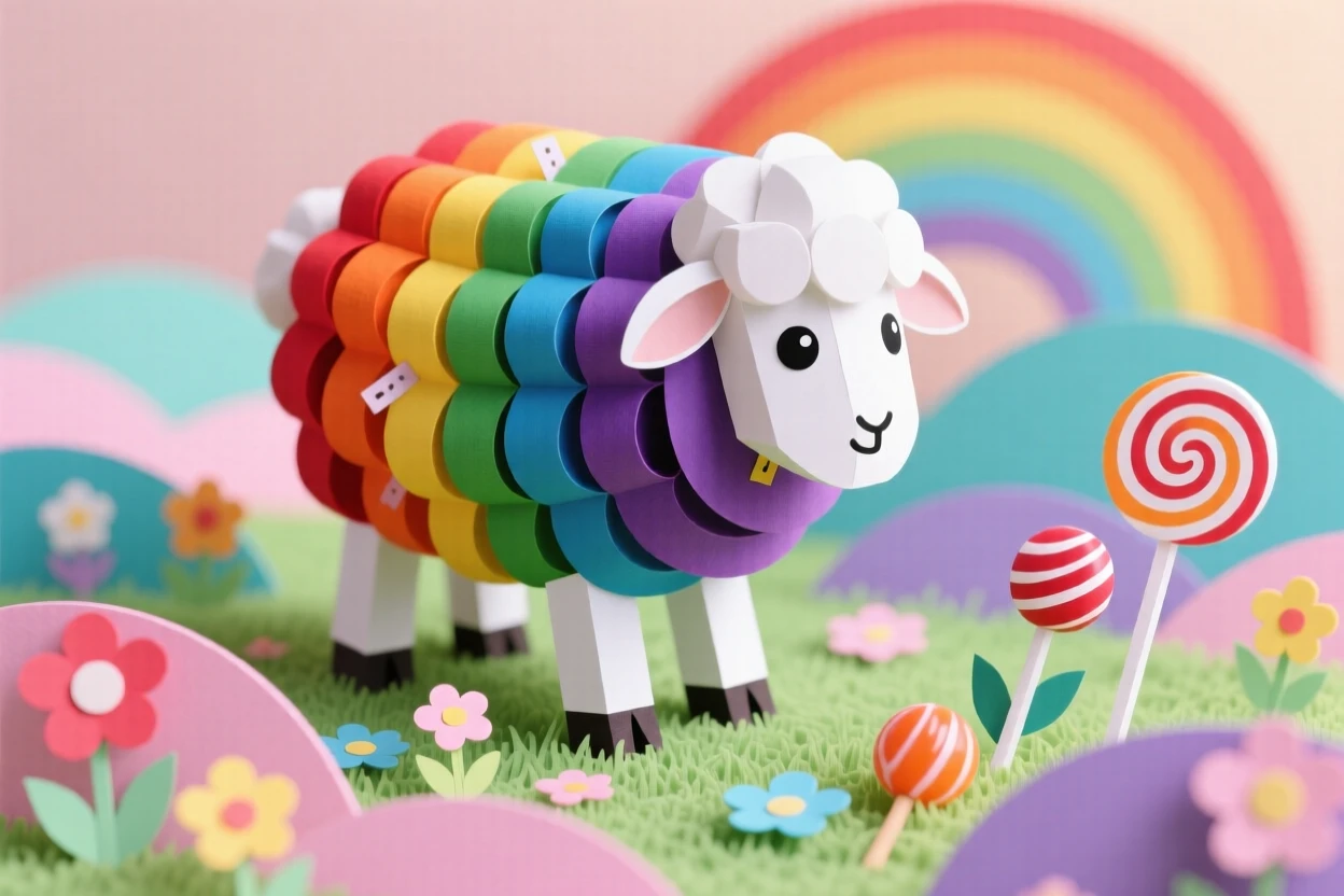 A rainbow-wool sheep creature exploring a miniature candy-colored meadow, with a soft warm glow surrounding it, evoking whimsical charm and gentle humor.
