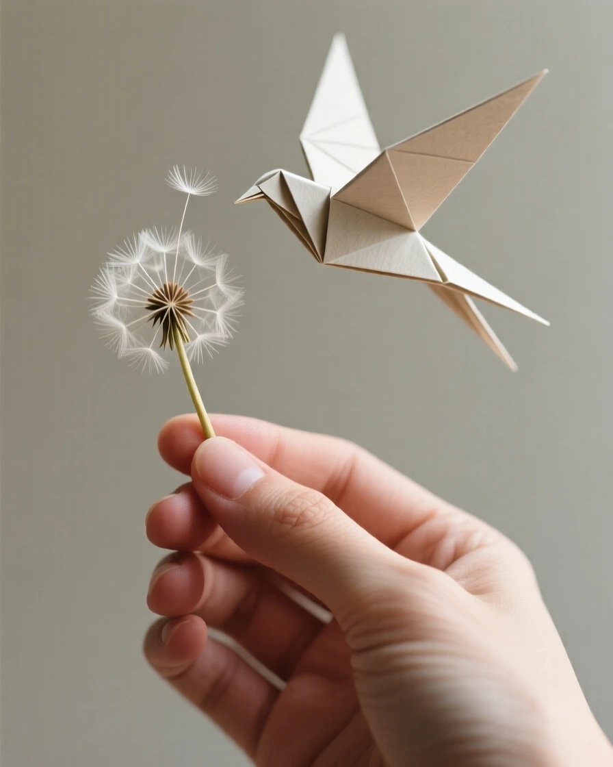 A hand releasing a single dandelion seed that transforms mid-air into a tiny bird.