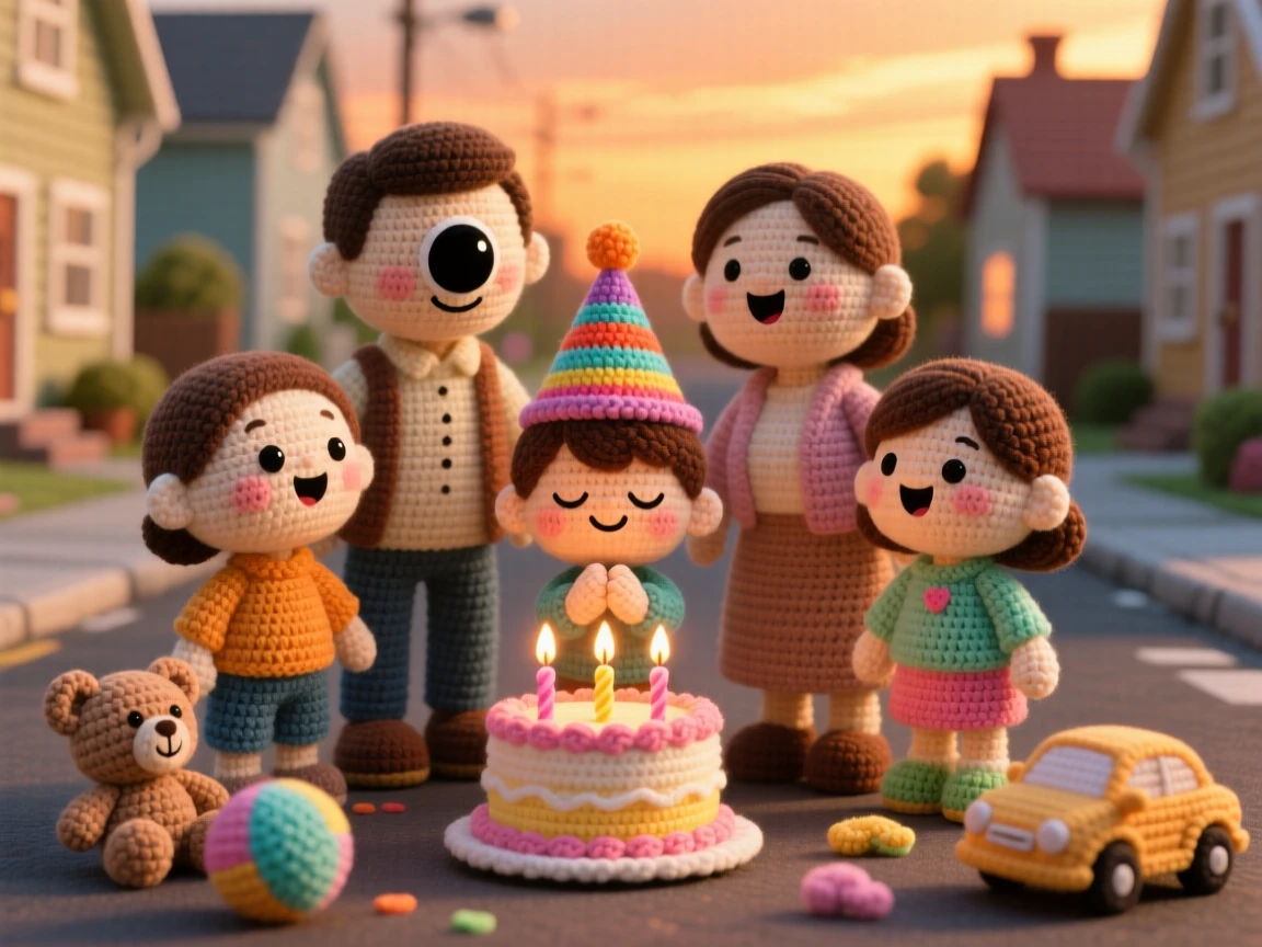 a family gathered for a birthday celebration, singing together around a lit cake, watching the birthday child make a wish, in a quiet neighborhood street at golden hour, with a scattering of toys tidied nearby, radiating warm nostalgia and gentle family tradition.