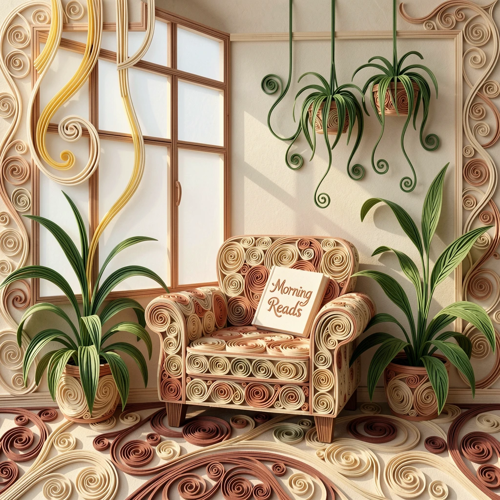 A relaxed modern lifestyle scene of a cozy reading nook filled with hanging plants in a modern loft with large windows, in warm neutral tones of beige and terracotta, composed with soft morning light and long shadows.