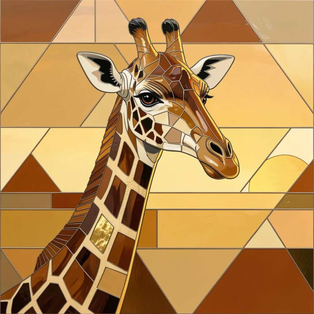 A close-up portrait of a giraffe standing tall against a golden African sunset, showing rich fur or feather detail and expressive eyes.