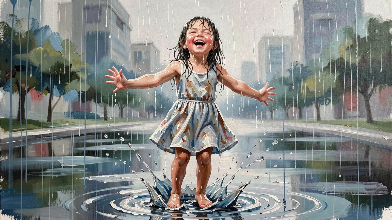 A little girl dances freely in the rain, arms outstretched and face turned upward, puddles splashing around her bare feet, a sense of genuine, unguarded emotion captured in the small details of their expression.