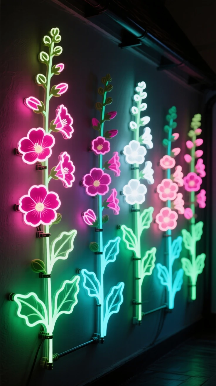 A row of hollyhocks growing tall against a cottage wall.