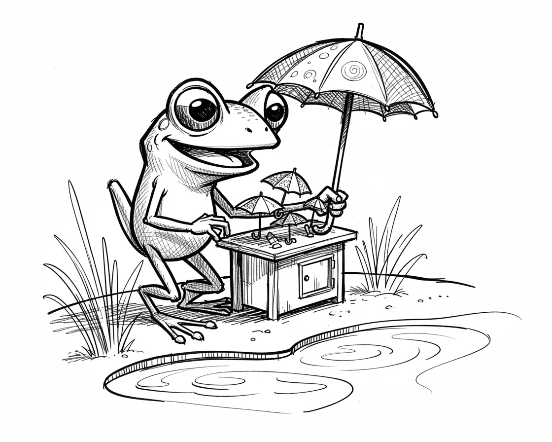 A frog opening a tiny umbrella shop by a pond beside a sandy beach.