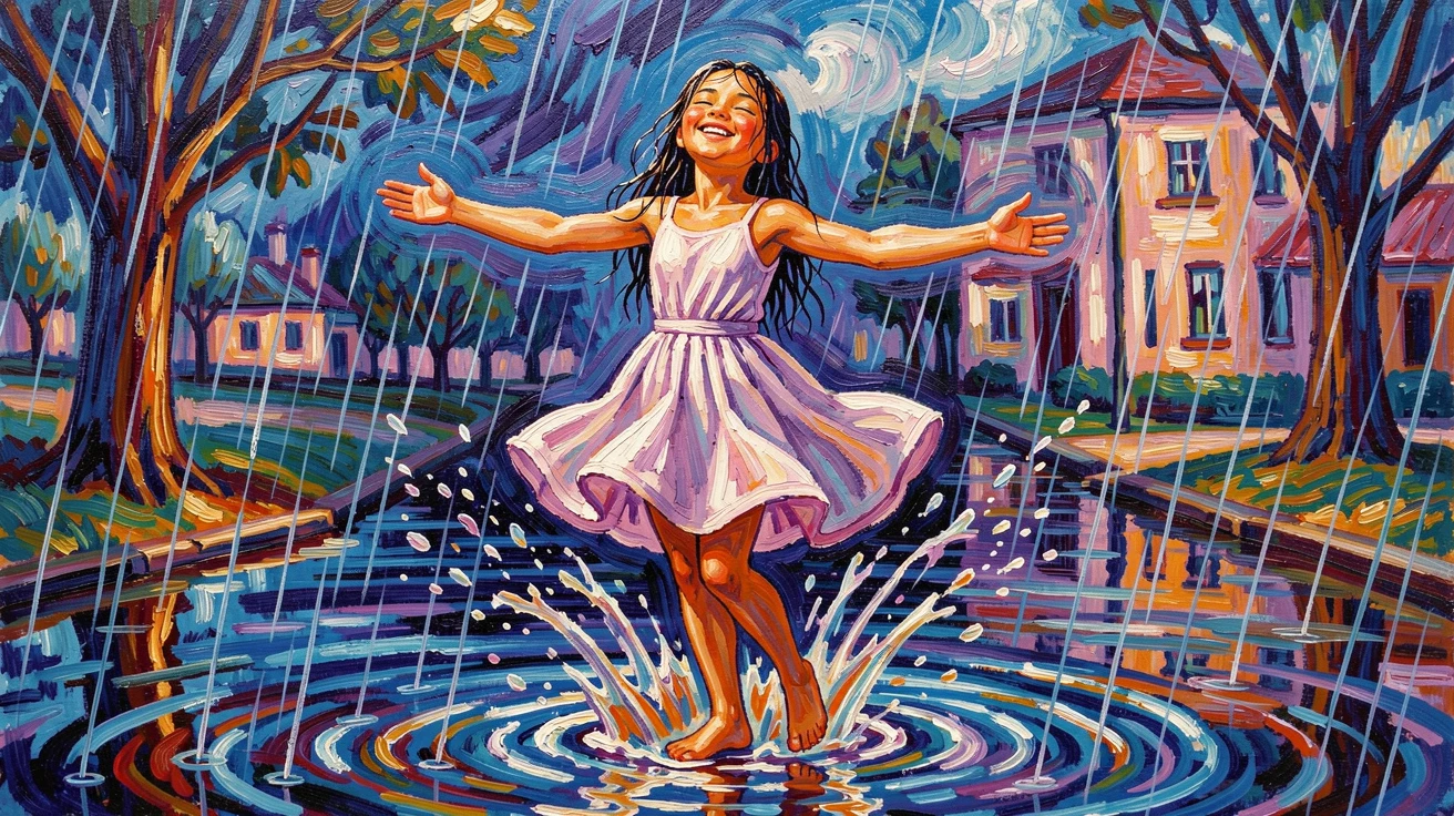 A little girl dances freely in the rain, arms outstretched and face turned upward, puddles splashing around her bare feet, a sense of genuine, unguarded emotion captured in the small details of their expression.
