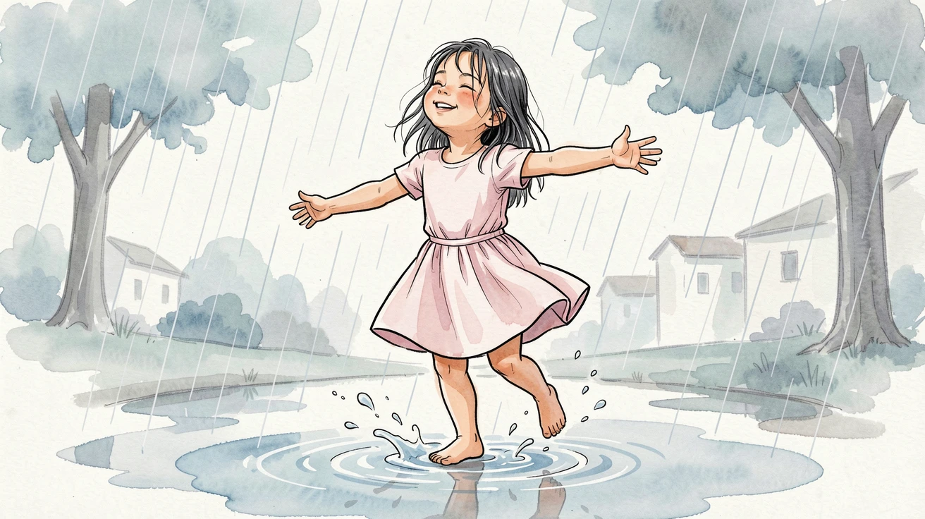 A little girl dances freely in the rain, arms outstretched and face turned upward, puddles splashing around her bare feet, a sense of genuine, unguarded emotion captured in the small details of their expression.