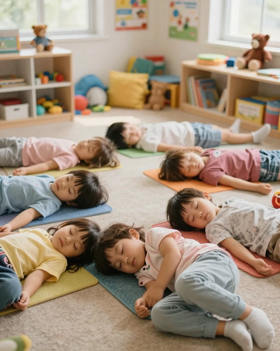 A group of preschoolers naps together on small mats during quiet time.