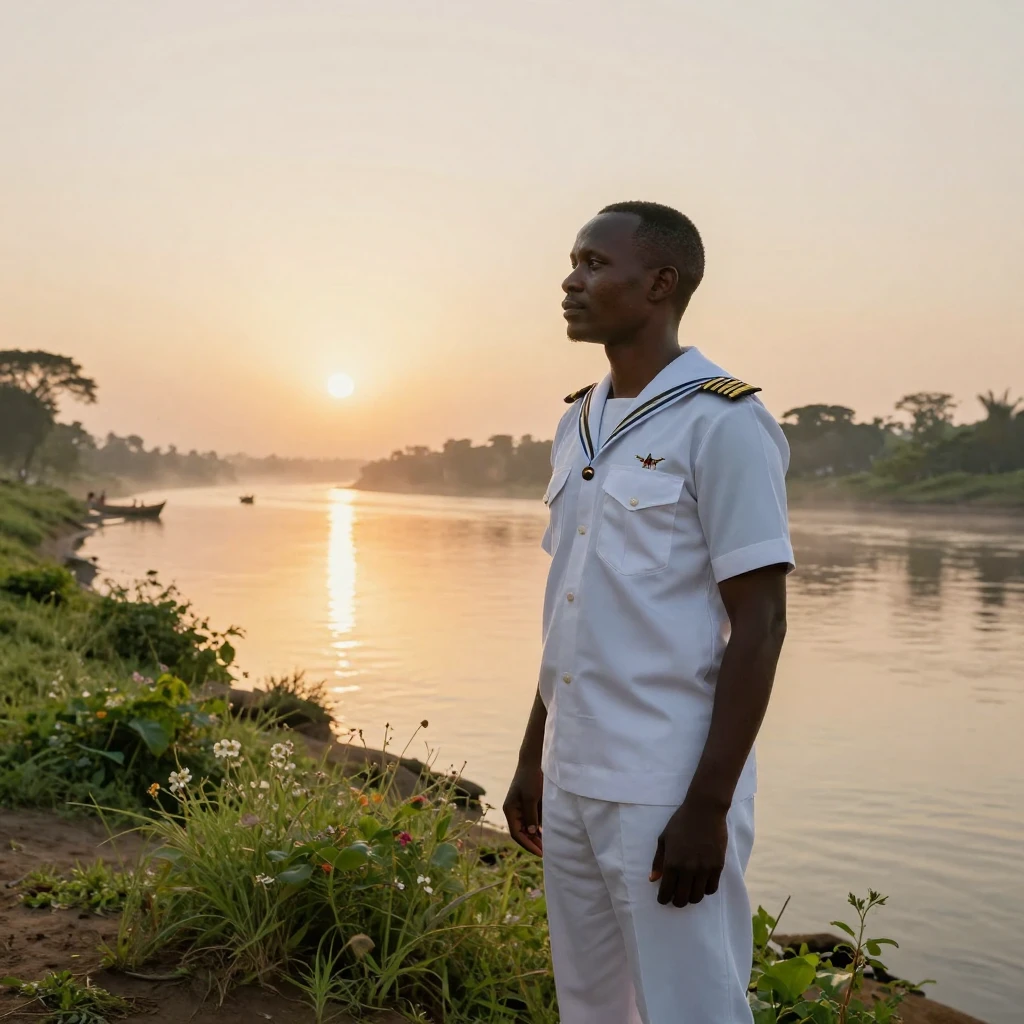 A newly married Kenyan sailor gazing thoughtfully at the horizon along a quiet riverbank at sunrise