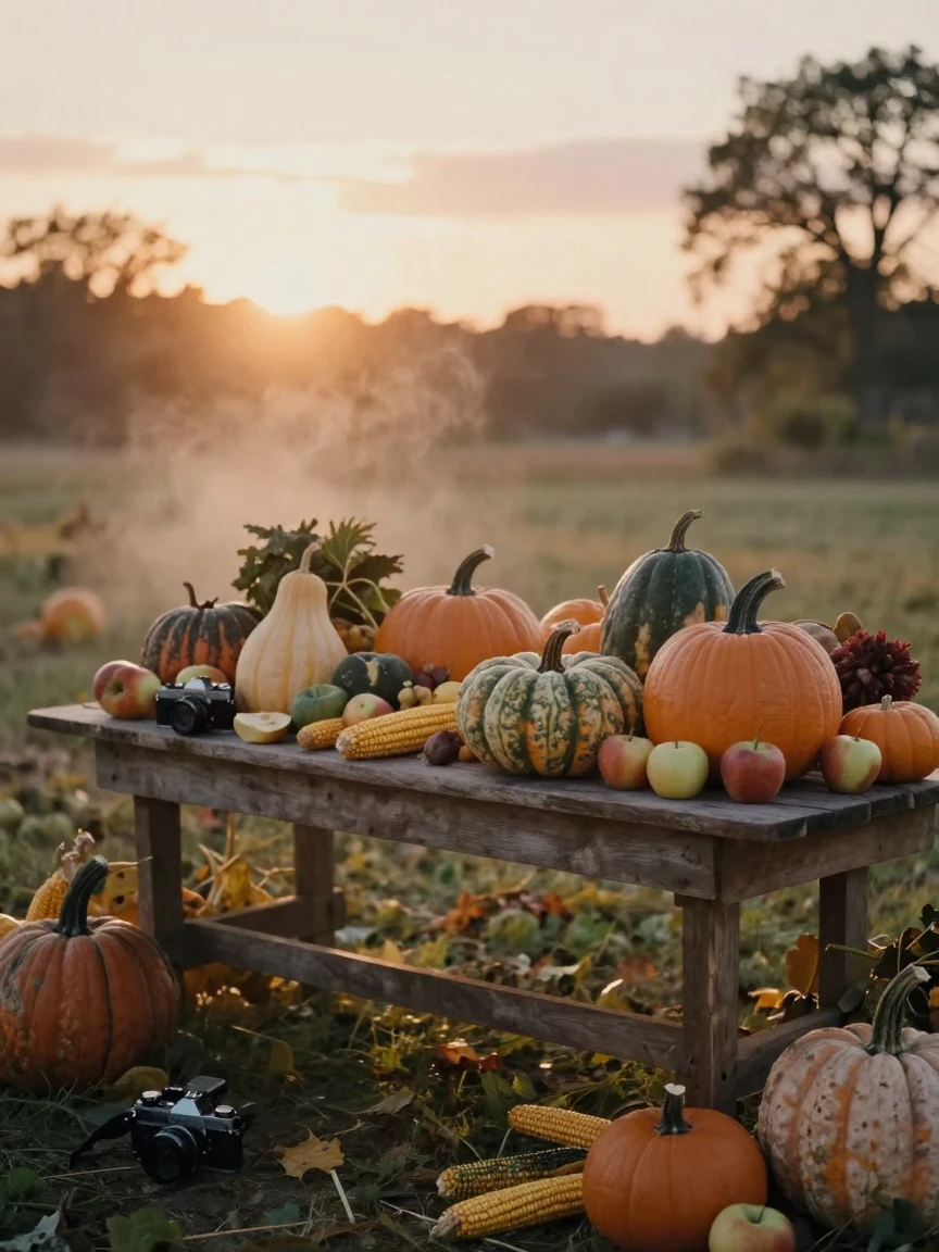 A harvest table laden with squash and autumn produce, under a glowing sunset sky, as mist rises off the ground, in autumn, with muted olive and rust colors, at eye level, intimate and direct.
