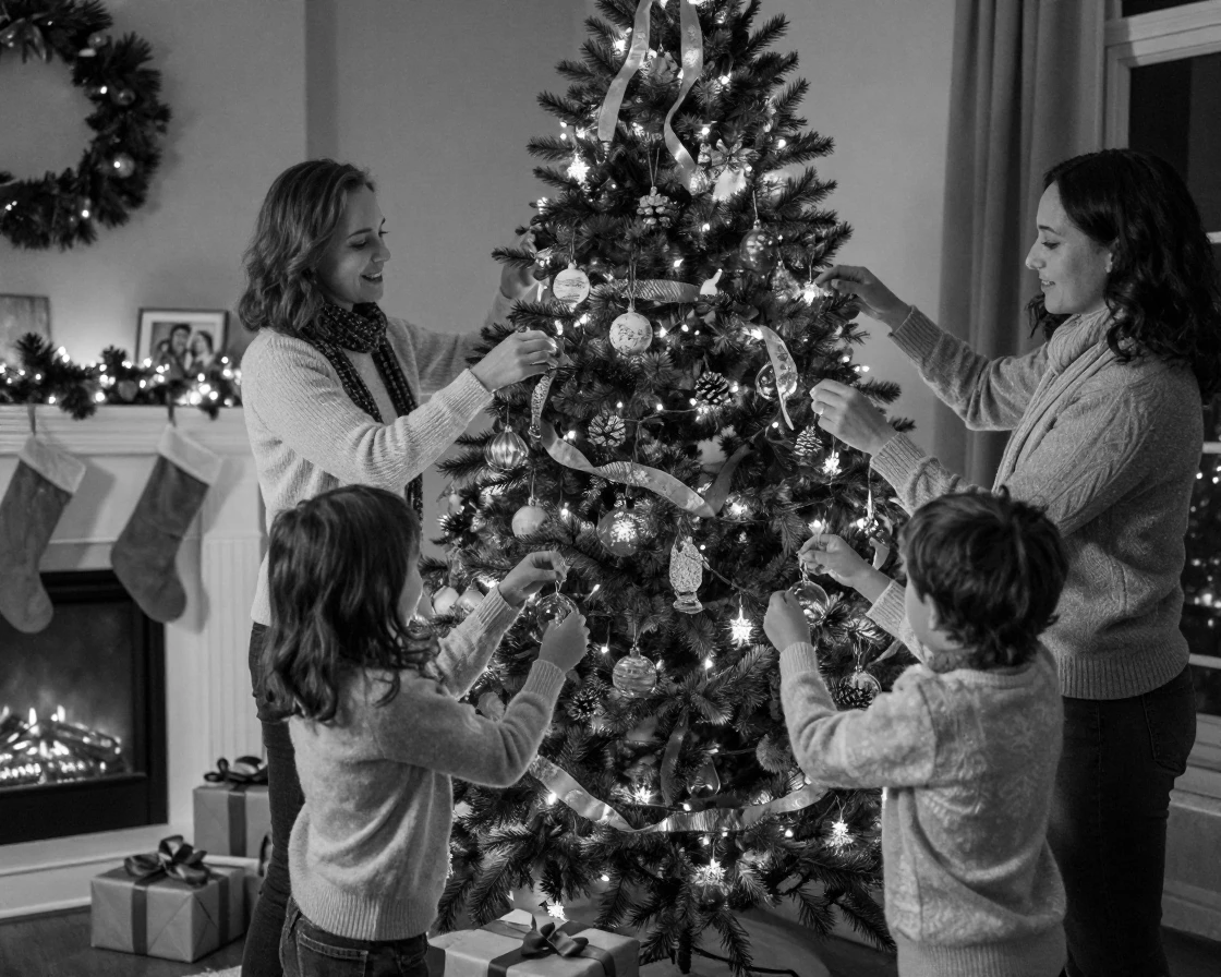 A family decorating a Christmas tree hangs ornaments and twinkling lights in a cozy family living room.