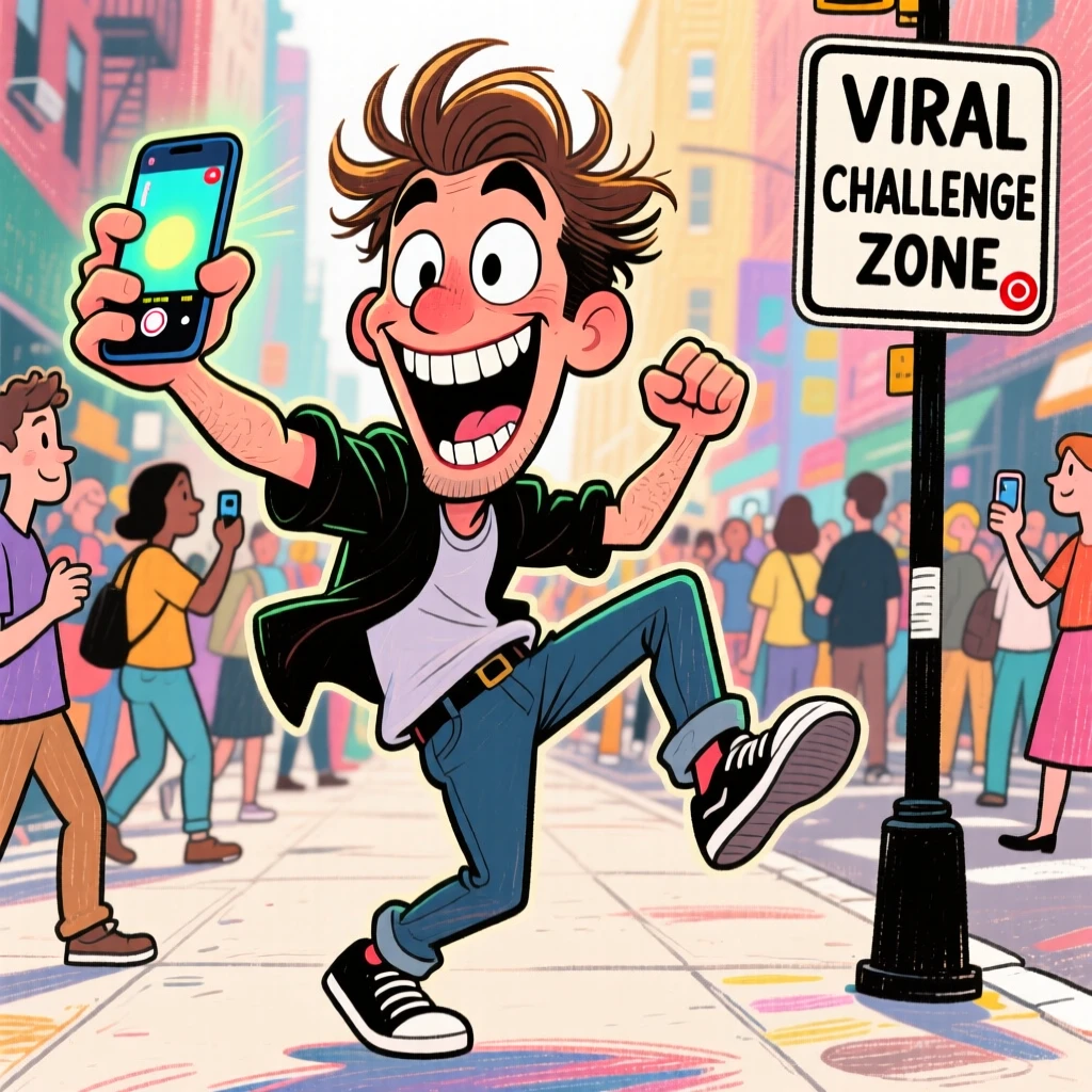 A man doing a viral dance challenge on a busy sidewalk, phone capturing every move.