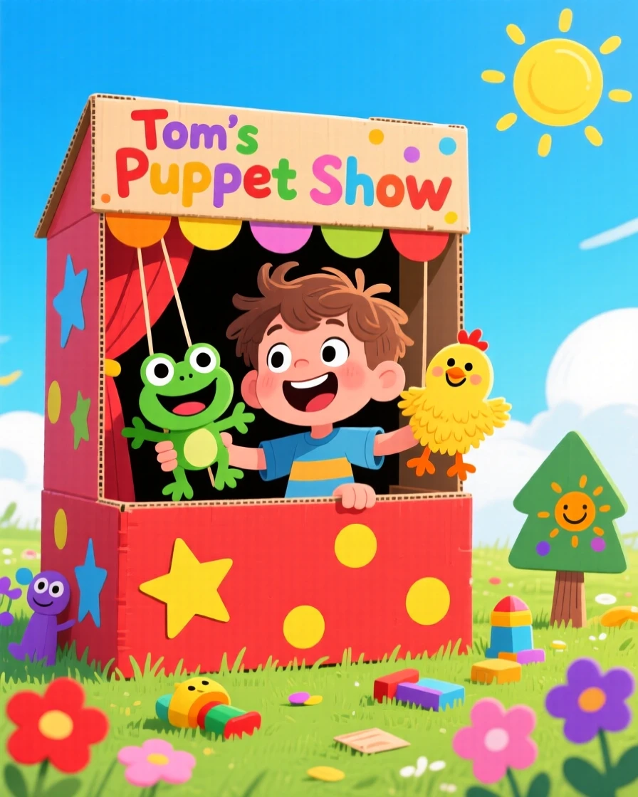 A playful childhood moment of a little boy putting on a homemade puppet show, under a bright and cloudless summer sky.