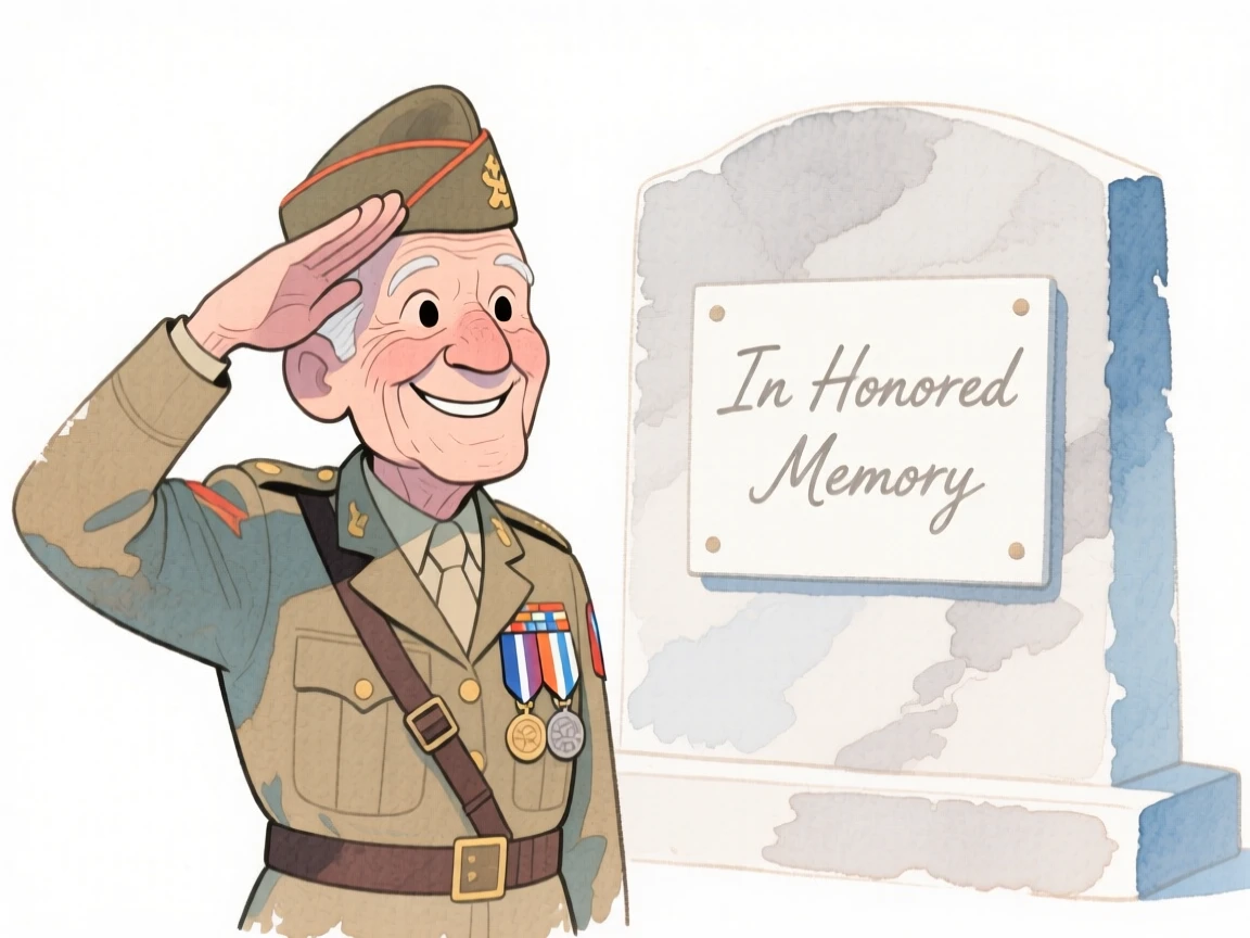 An uplifting, heartwarming moment of an elderly veteran saluting proudly at a memorial