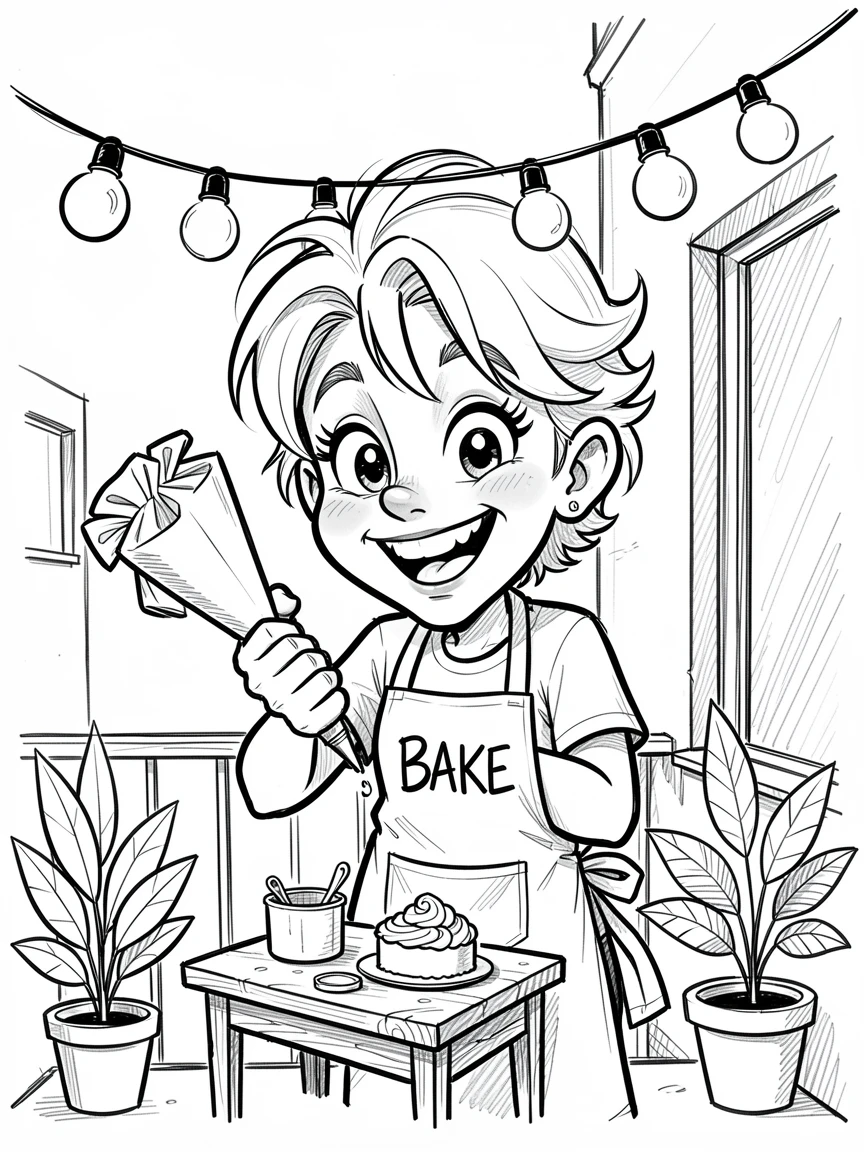 [Trending & Universal Topics] Modern lifestyle scene of a trendy amateur baker decorating a small apartment balcony, capturing everyday joy