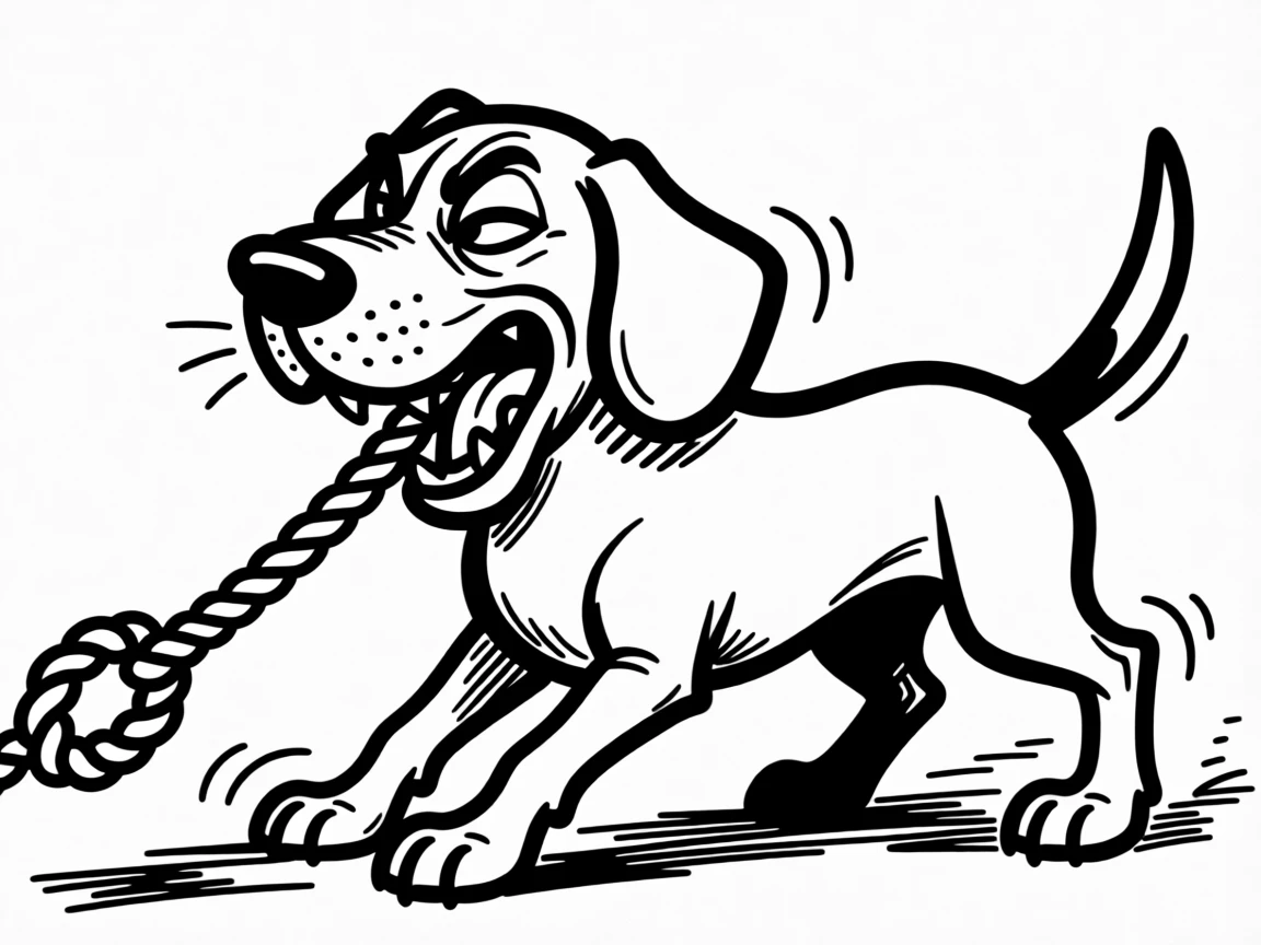 A beagle playing tug of war with a rope toy, back paws braced and determined.