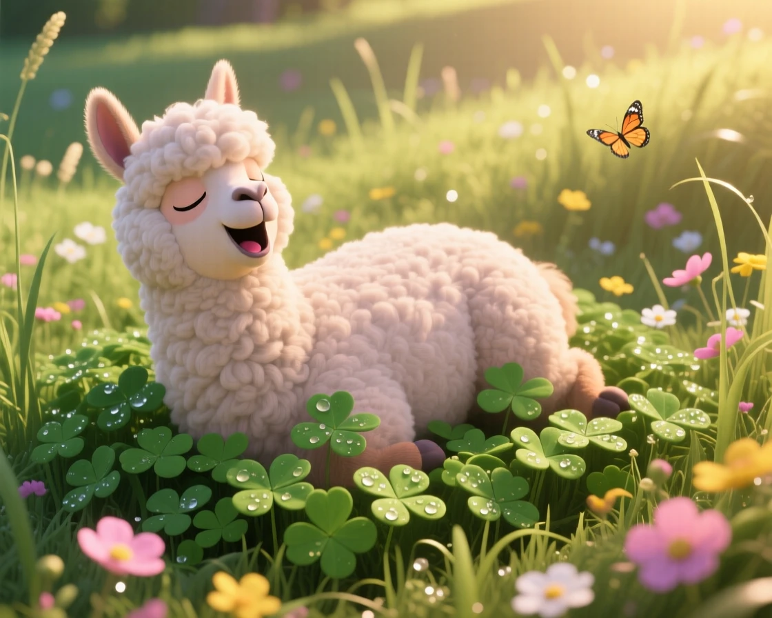 A fluffy alpaca is lounging in a patch of clover, yawning with a tiny open mouth. A gentle, sleepy calm fills the moment, with dew drops glistening nearby.