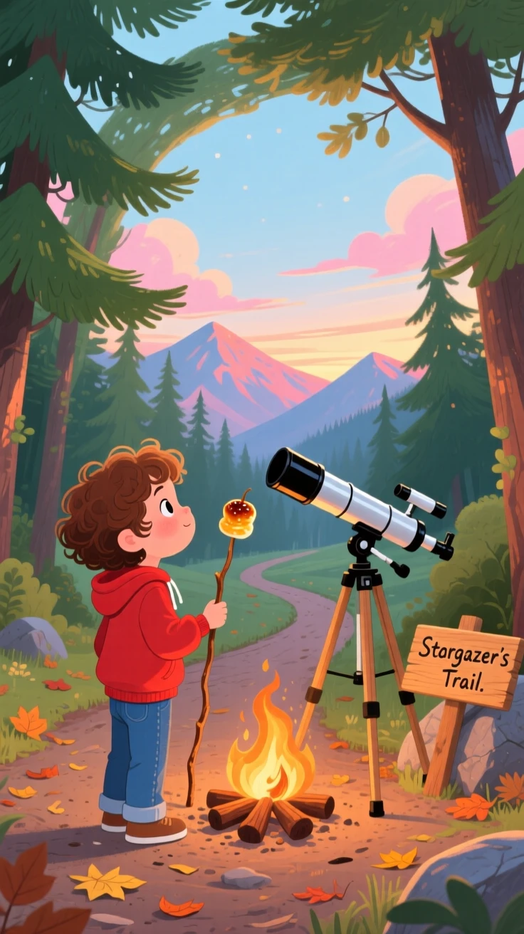 A young stargazer with a telescope pauses while roasting marshmallows beside a crackling campfire in a winding forest path, with distant mountains glowing in the morning light.