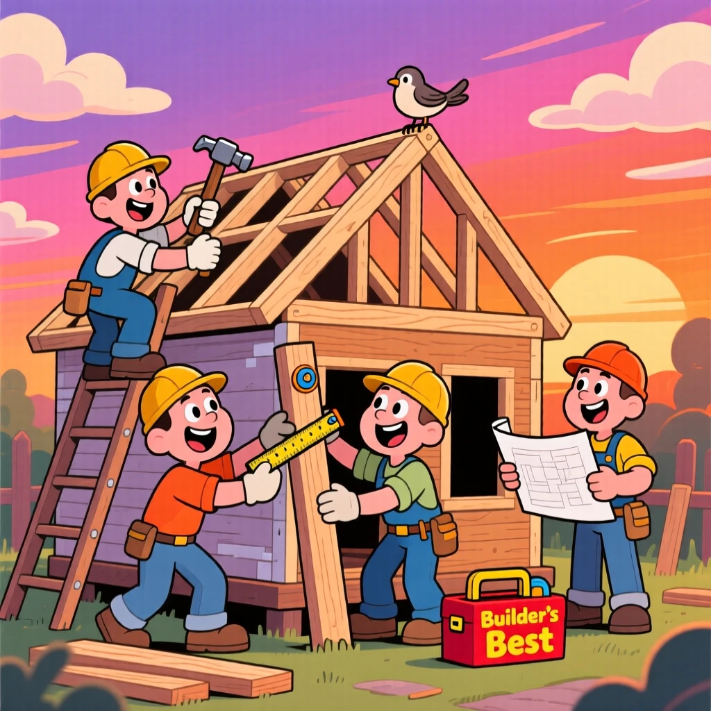 A team of builders framing a small cottage against a sunset sky.