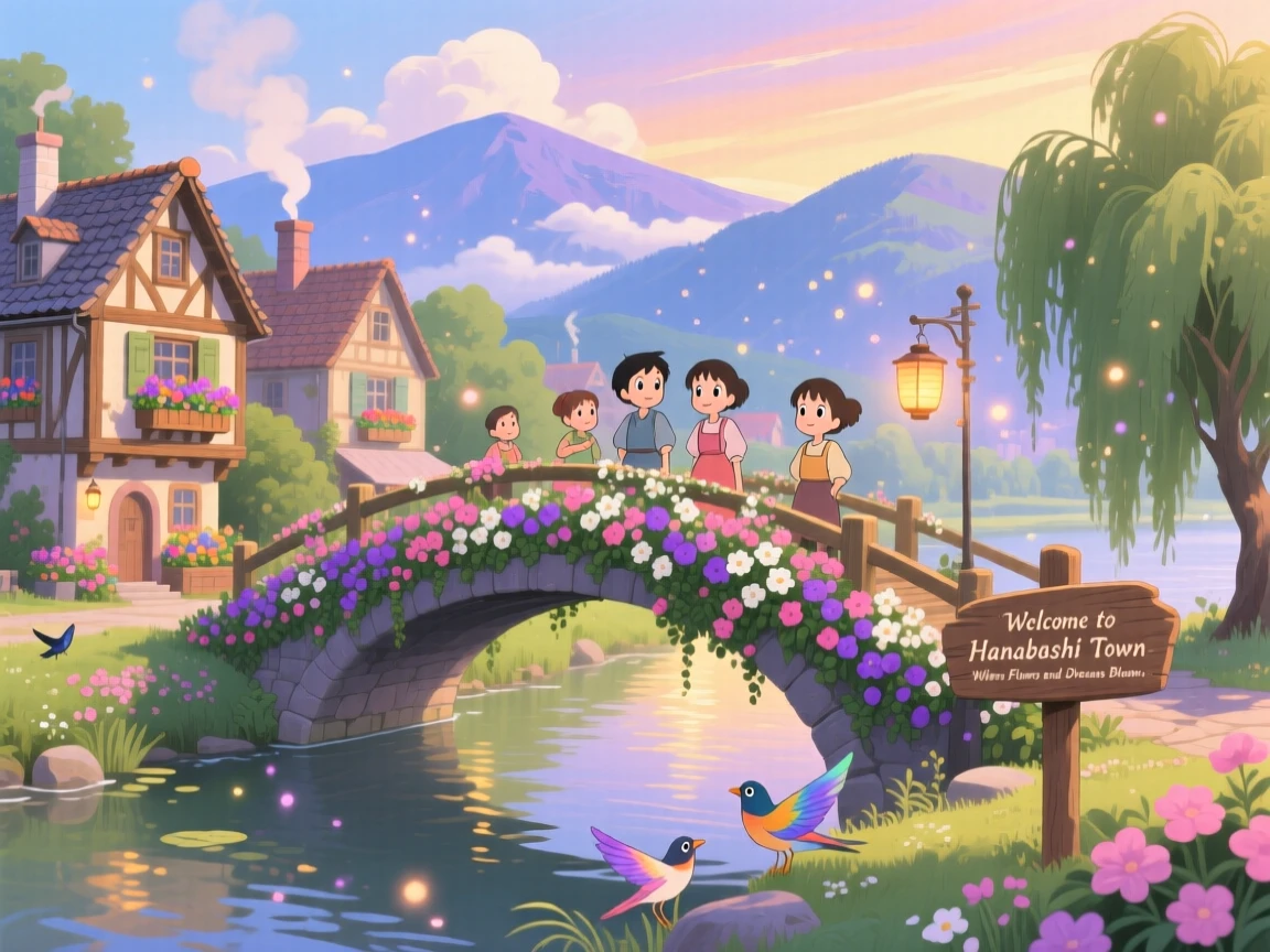 A scenic view of a riverside town famous for its flower-covered bridges, with distant mountains framing the skyline.