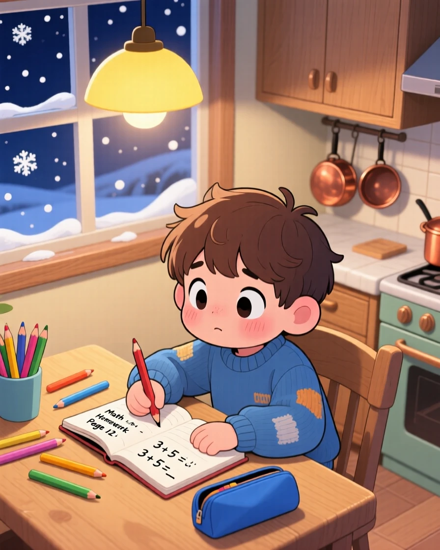 Bird's-eye view of a small boy, doing homework at the kitchen table, in a warmly lit kitchen, amid softly falling snow, illuminated by warm lamplight, radiating sleepy relaxation.