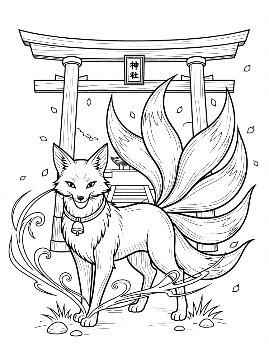 A kitsune with nine tails standing before a torii gate, with a swirl of magical energy crackling in the air.