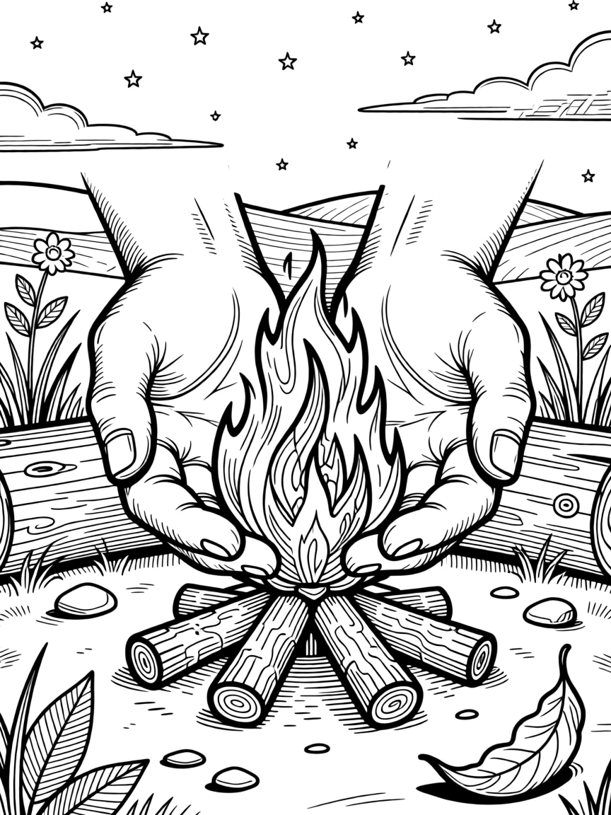 A pair of hands cupping a small campfire flame at twilight.