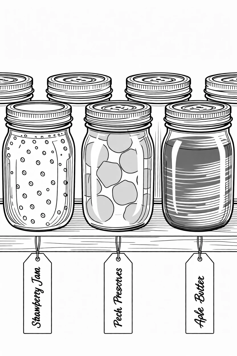 A row of mason jars filled with homemade preserves