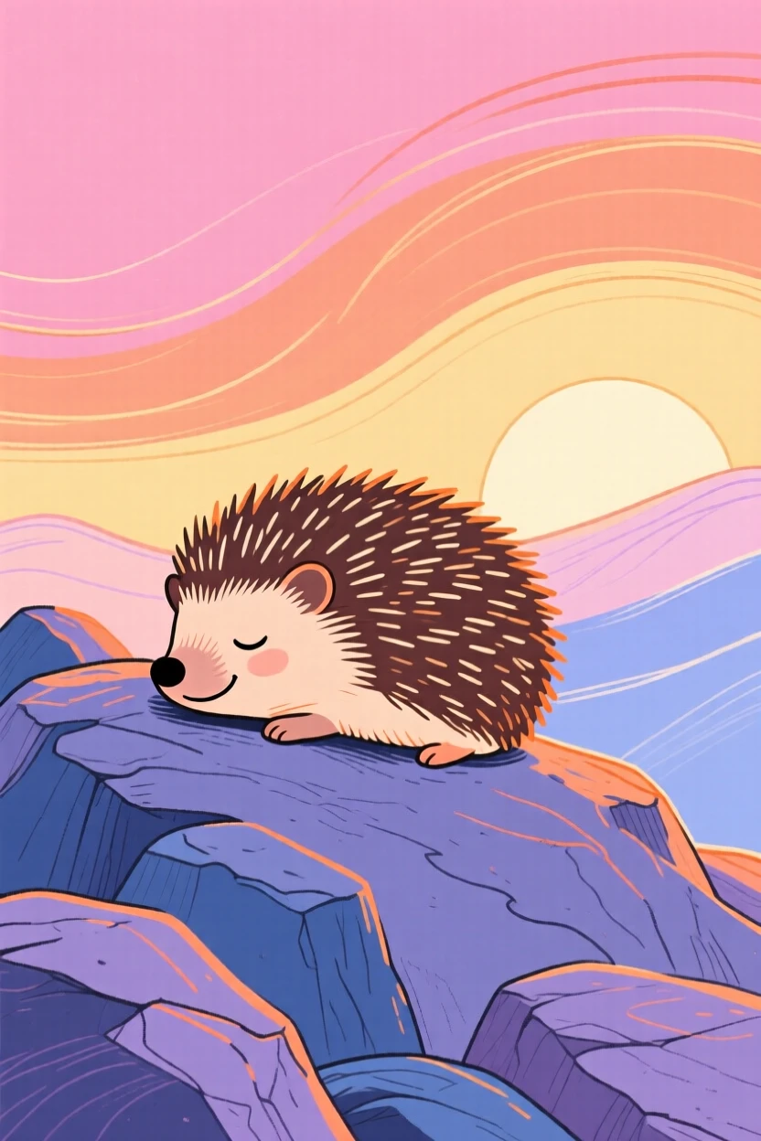 A small hedgehog napping on a rocky hillside at sunset.