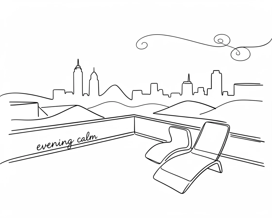 A rooftop terrace overlooking a sprawling city skyline at dusk