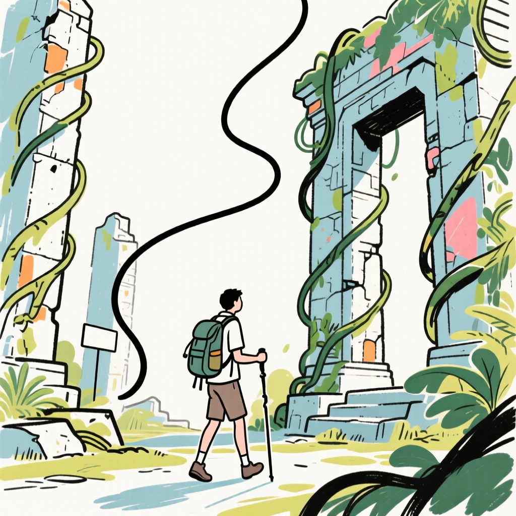 A solo traveler exploring an ancient ruin overtaken by jungle vines.