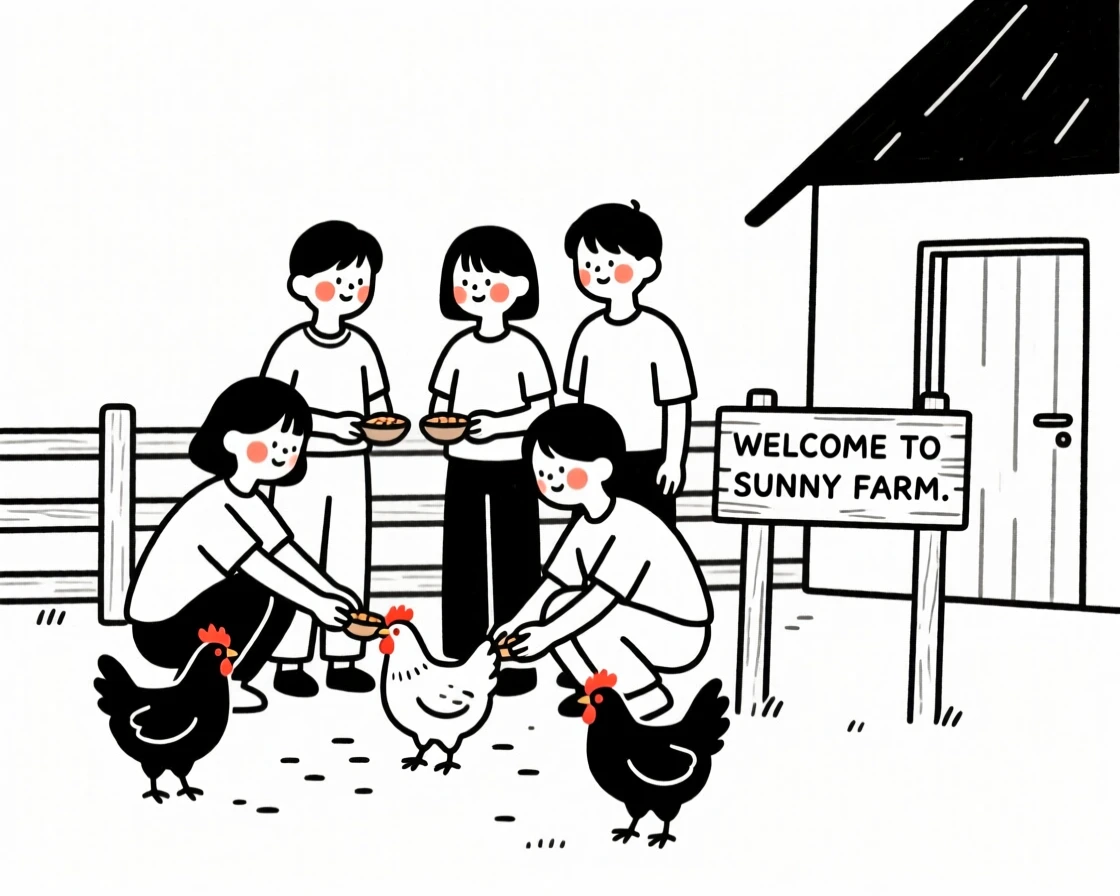 A group of friends feeding chickens on a small farm.