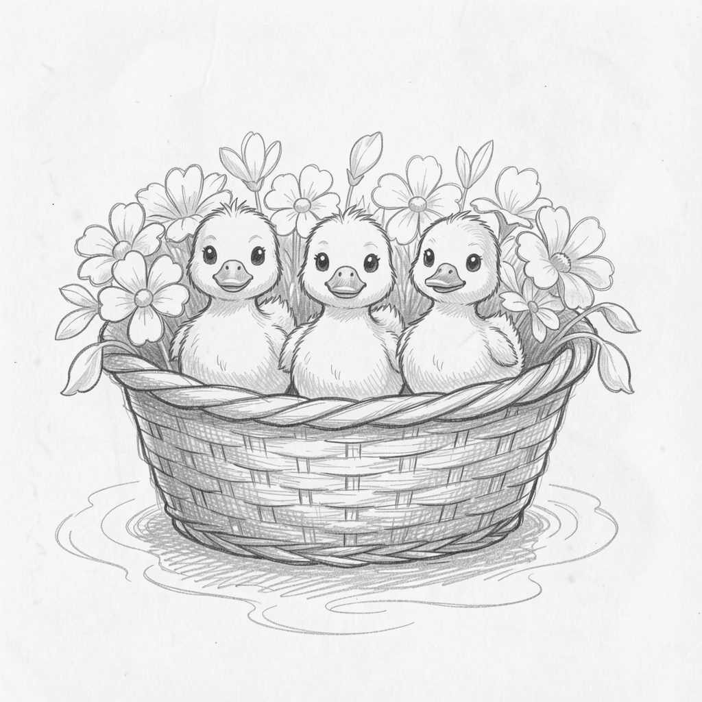 An irresistibly cute scene of a duckling family paddling in a row in a basket of soft flowers, with big, curious eyes.