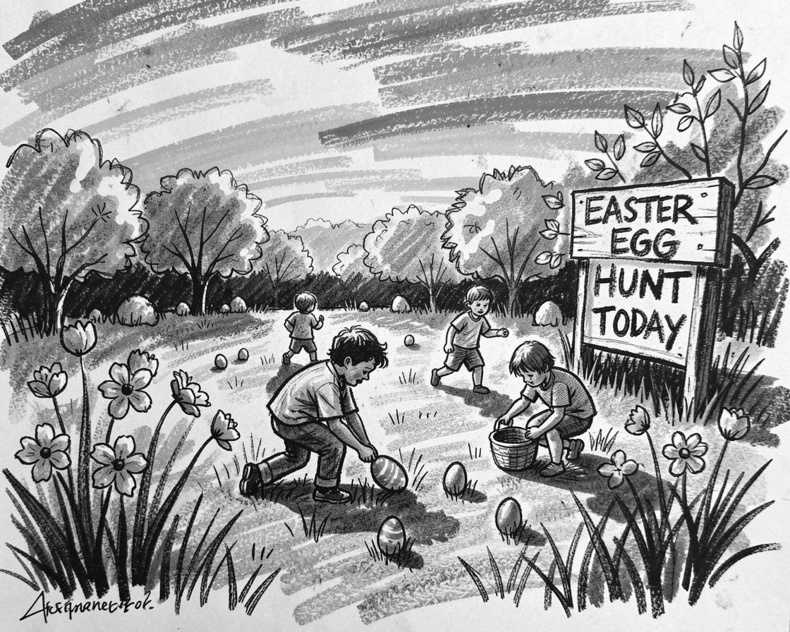 An Easter egg hunt in a sunny spring garden, beneath a sky streaked with sunset colors.