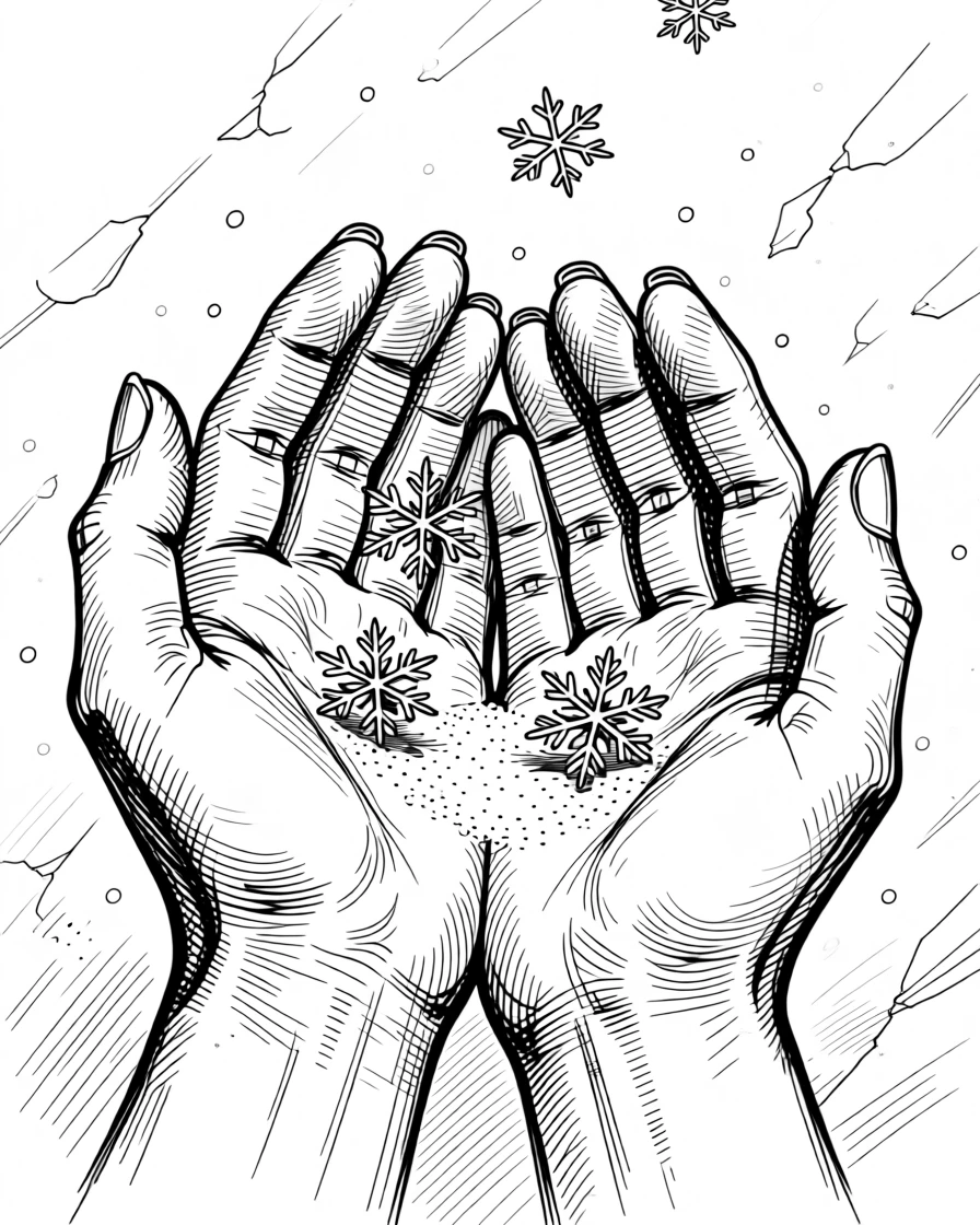 A pair of hands cupped together, catching gentle falling snowflakes.