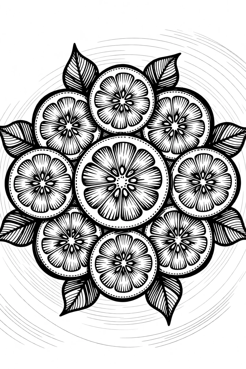 A circular arrangement of citrus slices and leaves composed as a balanced repeating pattern, with layered textures adding depth to the design, forming an elegantly decorative composition.