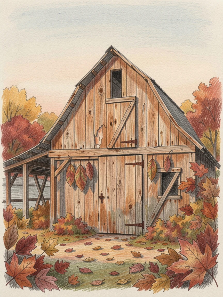 A rustic countryside tobacco barn glowing warm in autumn light, bathed in the warm glow of golden-hour light, evoking warmth, beauty, and a lasting sense of wonder.
