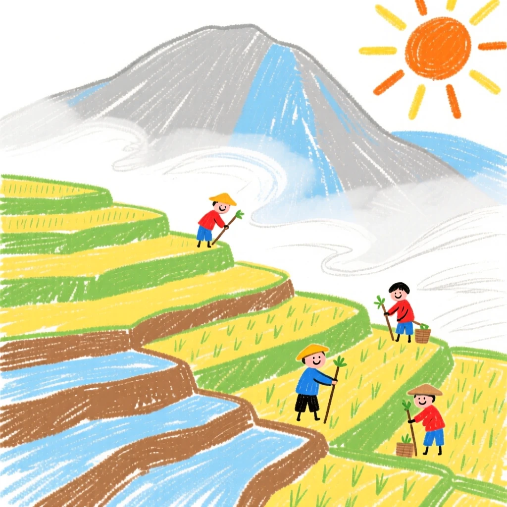 Terraced rice fields climbing the slopes of a misty mountain.
