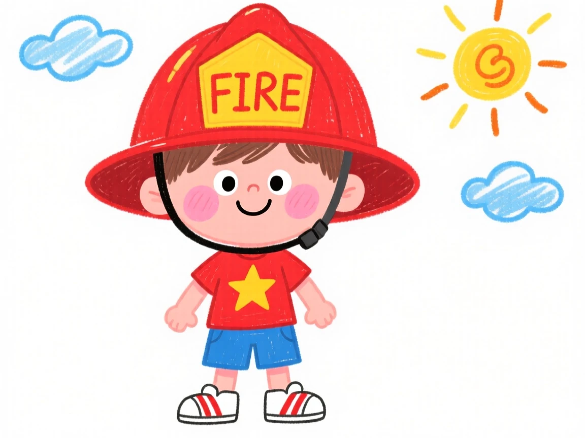 A little boy proudly wearing an oversized firefighter helmet.