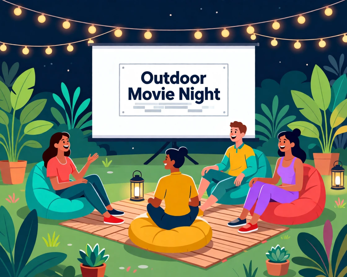 A group of friends at an outdoor movie night under string lights, surrounded by a lively, youthful energy, arranged with a trendy, effortlessly stylish balance, with vibrant, trendy colors that feel fresh and current.