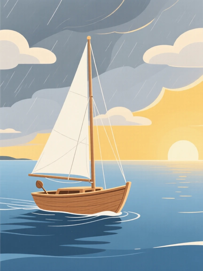A small boat sailing toward a bright horizon after a storm clears.