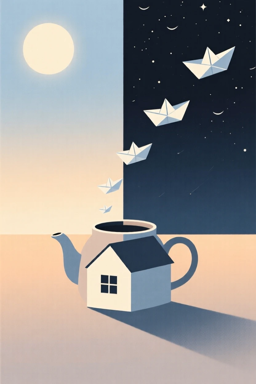 A dreamlike tiny house built inside a teapot rising from a horizon where day meets night, filled with paper boats sailing on air, evoking dreamlike serenity.