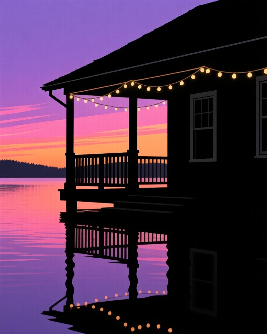 A quiet lake house porch strung with lights, reflected in the water below.